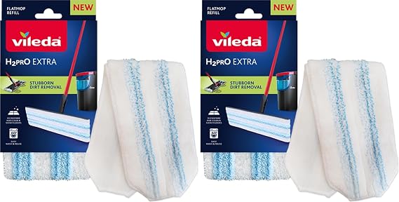 Vileda H2PrO Flat Mop Refill - Microfibre power - Stubborn dirt removal - Easy attachment to frame - Machine washable - Durable mop pad for all hard floors (Pack of 2)
