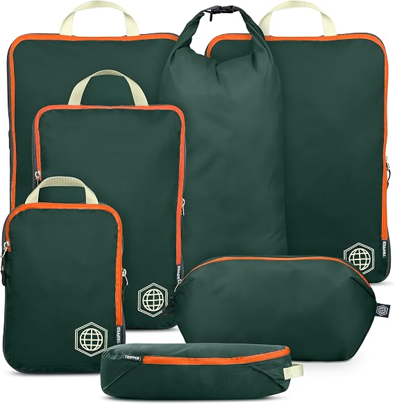 Large Compression Packing Cubes for Travel-Packing Cube Luggage Organizers 7 Piece Set for Checked Luggage-Ultralight, Expandable/Compression Bags by TRIPPED Travel Gear (Green/Orange)