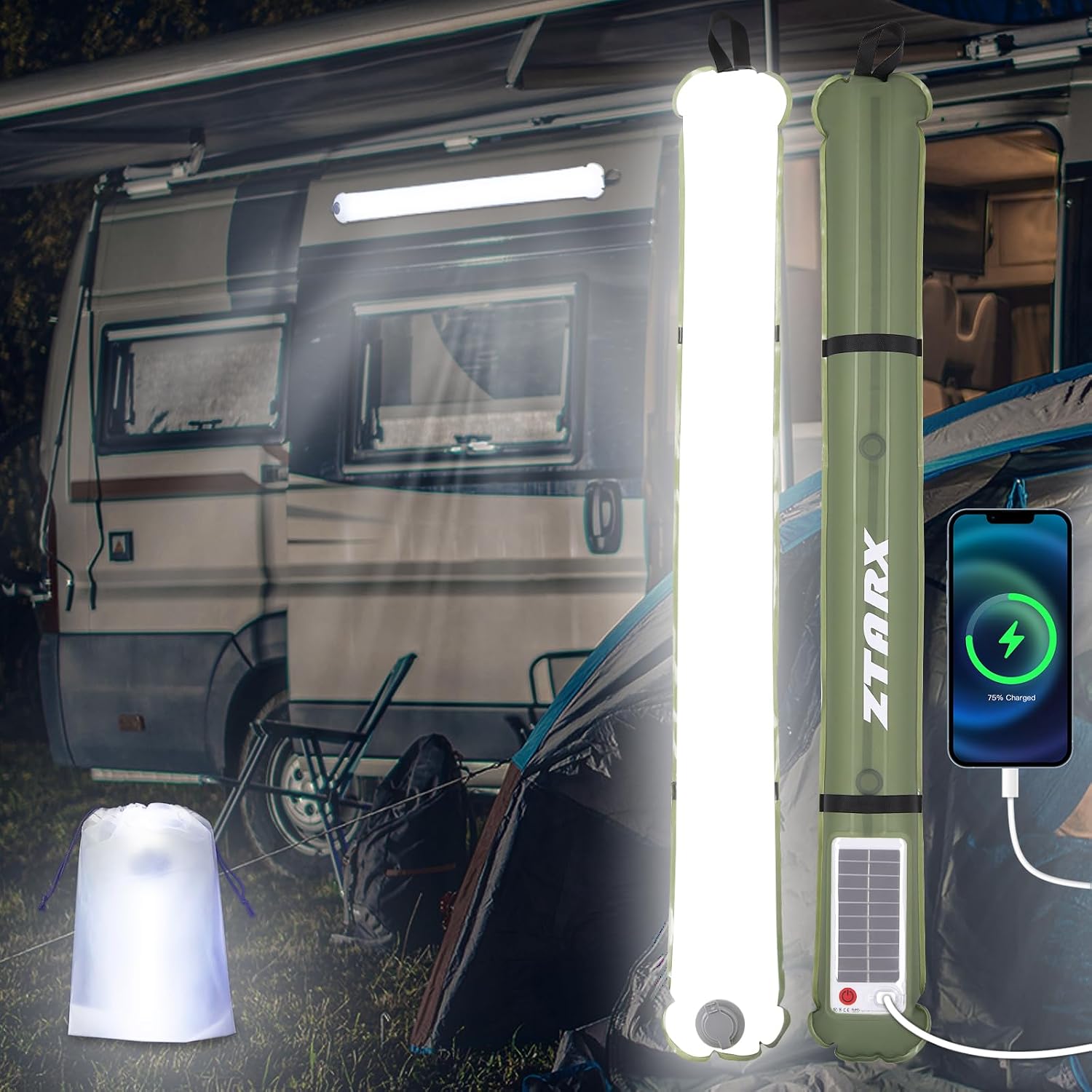 Qoolife 85cm Solar Camping Lights Rechargeable 4000mAh Foldable Inflatable Outdoor IP66 Waterproof Camping Lights for Camping Hiking Travel and More