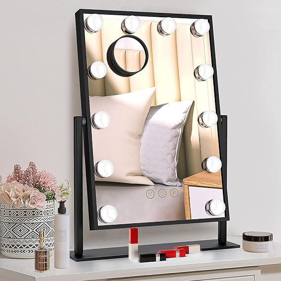 TUREWELL Hollywood Makeup Mirror with Lights,Large Lighted Vanity Mirror with 3 Color Light & 12 Dimmable Led Bulbs,Smart Lighted Touch Control Screen & 360 Degree Rotation(Black) [Energy Class F]