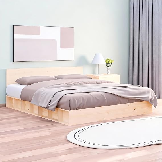 Double Bed Frame Solid Pine Wood,120 x 200 cm Wax Natural Low Profile Bed, Space Saving Wooden Bed Base for Bedrooms