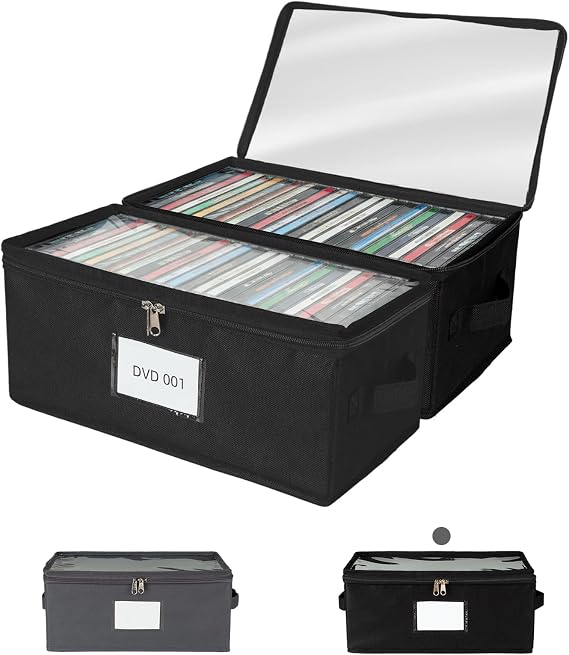 2 Pack Fabric DVD Storage Box with Clear PVC Lid, Holds 25 Standard DVD Cases, Sturdy Non-Woven Fabric with Cardboard Support for Movie Collection, Black