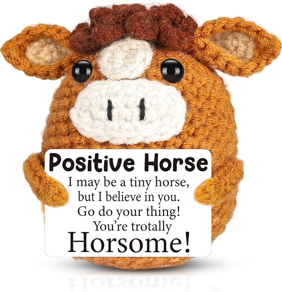 Emotional Support Gift, Mini Funny Positive Crochet Horse, Handmade Emotional Support Plush Horse Gifts for Women Men, Positive Crochet Animals for Home Office Desk Decor