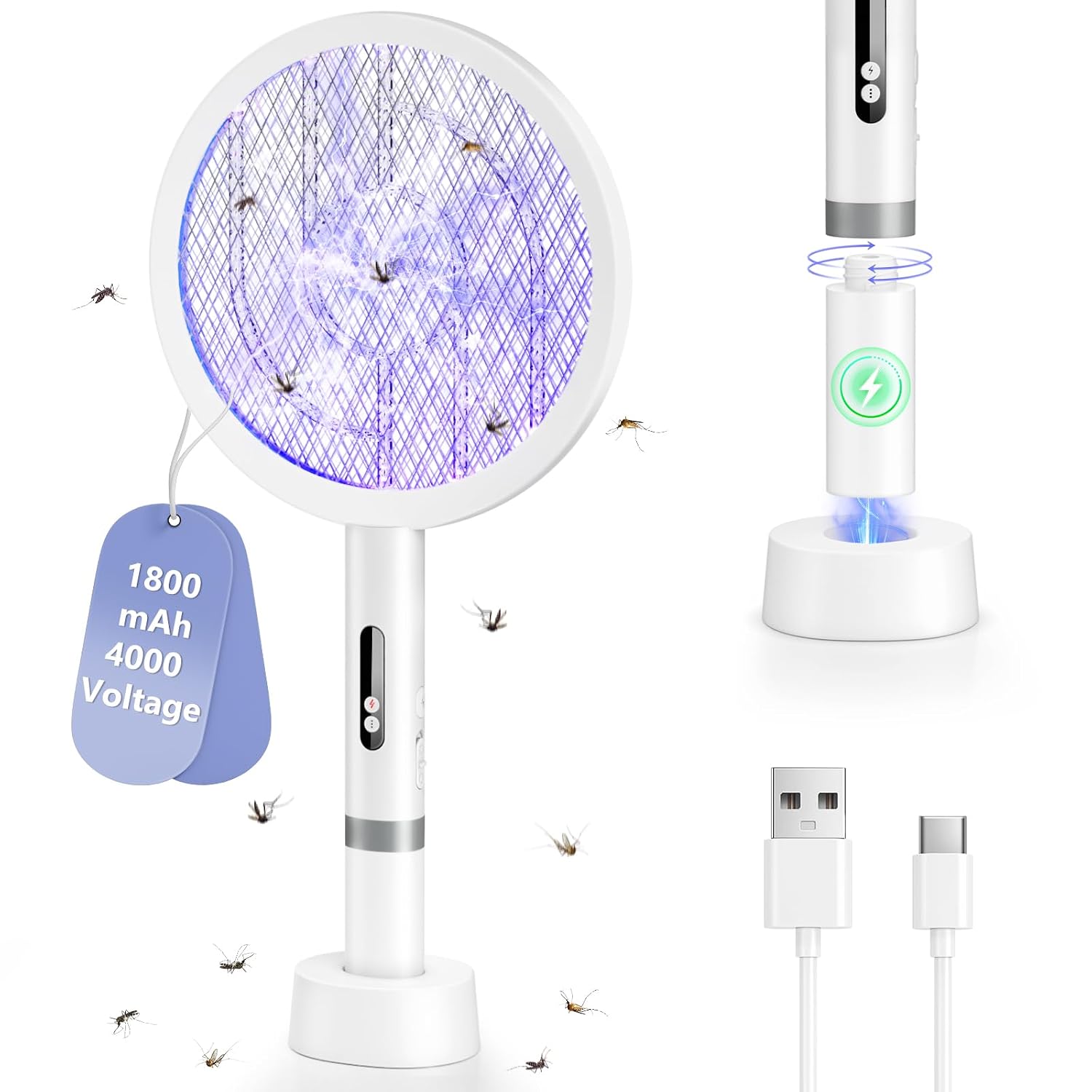 2in1 Electric Fly Swatter, 4000V Fly Zapper Racket with Auto & Manual Mode, 1800mAh USB Rechargeable Bug Zapper Racket with Charging Base, 3 Layers Mesh, LED Light, Indoor Outdoor Fly Killer