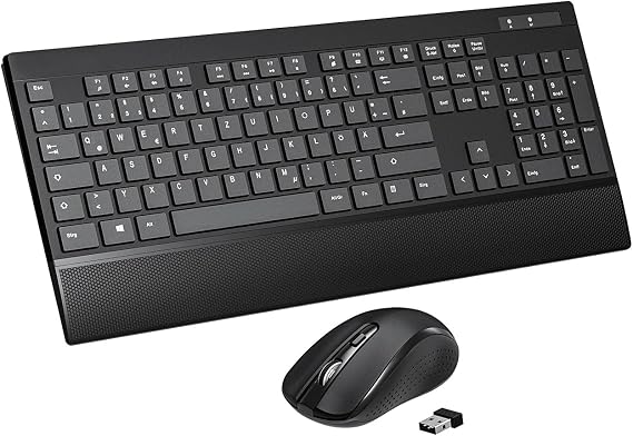 Wireless Keyboard Mouse Set Combo 2.4GHz Keyboard and Wireless Mouse for PC Laptop Ergonomic Full Size Keyboard with Wrist Rest QWERTZ German Keyboard