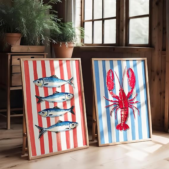 ZBELLO 2pcs/set Canvas Posters,Lobster and Sardines Poster, Nautical Red and Blue Striped Seafood Abstract Art Painting, Suitable for Home Decoration, Living Room, Kitchen, Frameless (21x30cm,A)