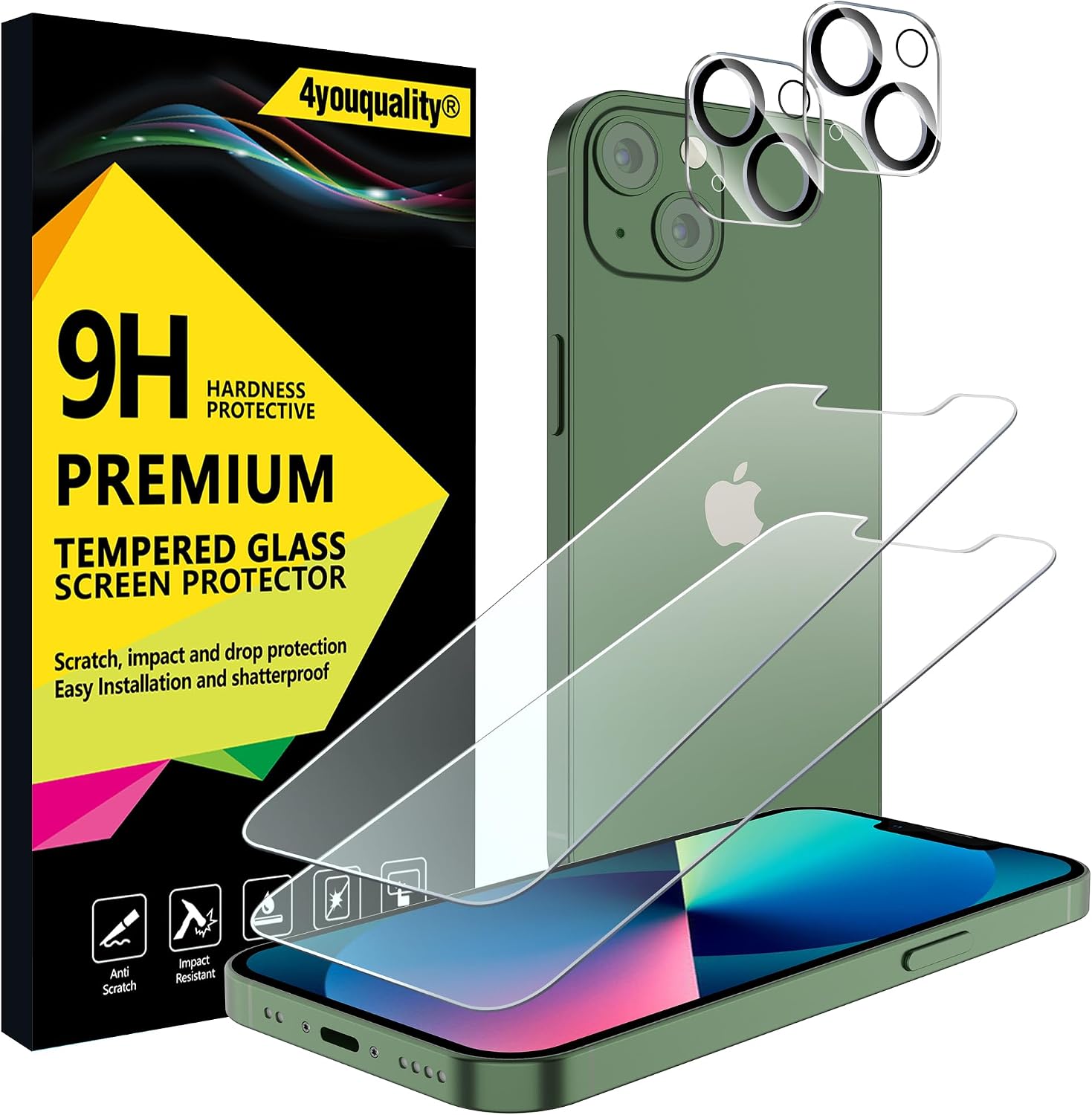 4youquality [4-in-1 Screen Protector for iPhone 13 Mini with Camera Lens Protector, Tempered Glass Film, 2-Pack Each, [Lifetime][Impact-Resistant][Anti-Scratch][Ultra-Transparent]