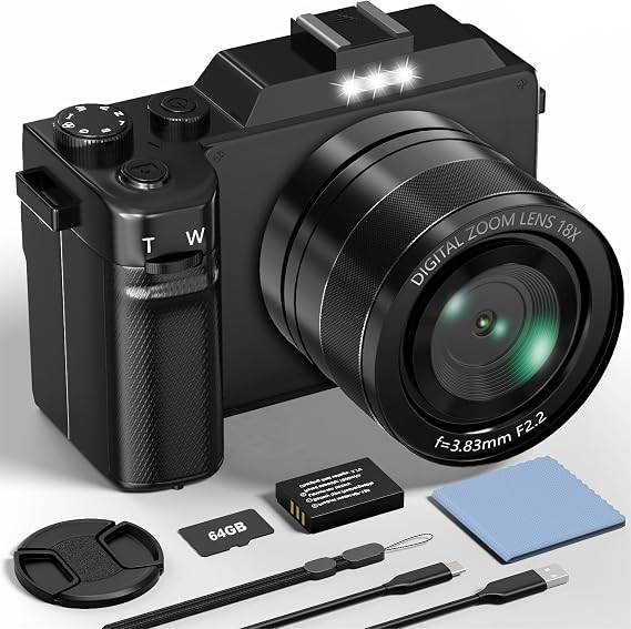 5K Digital Camera with Dual Lens, 64MP Compact Autofocus 18X WiFi and 64GB