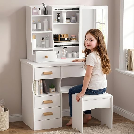 Dressing Table with 5 Drawers, Vanity Desk with Mirror(No Light), Storage Shelves & Stool, Makeup Table for Bedroom, Modern Makeup Desk with Mirror, Chair & Storage for Girls