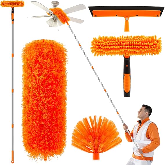 30 Feet High Reach Duster Kit with 2-24 ft Extension Pole for Fans, Orange
