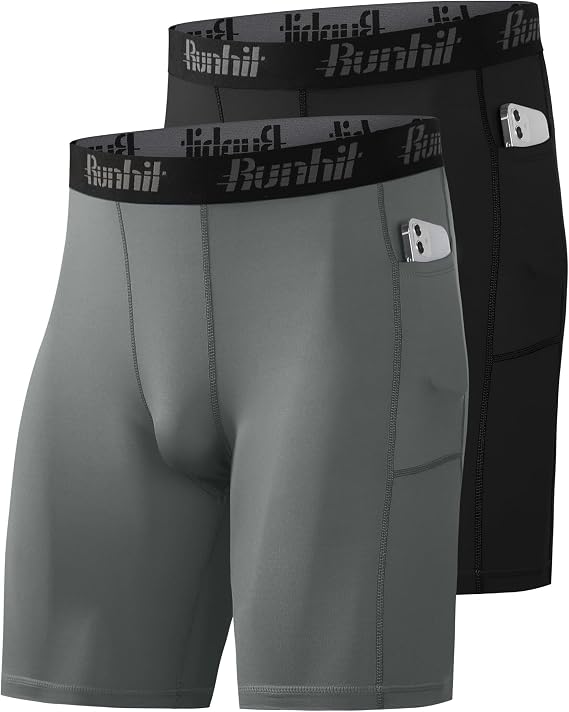 Runhit 1 or 2 Pack Compression Shorts Men with Phone Pockets, Moisture Wicking Anti Chafing Underwear Boxers Base Layer, Quick Dry Sport Tights Undershorts for Running Gym Cycling Workout