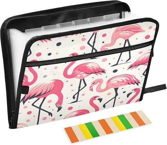 Pink Flamingos with Polka Dot 13 Pocket Expanding File Folder with Labels A4 Papers Document Accordion File Organizer Folder Zipper Closure