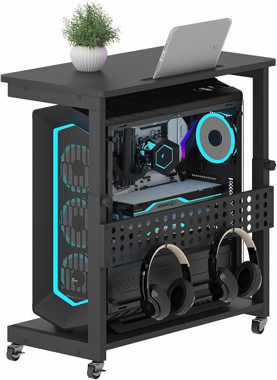 Height Adjustable Computer Tower Stand PC Stand with Wheels & Slot & Hooks 2 Layer Computer Stand PC Trolley Printer Stand CPU Stand for Home Office Desk Computer Desk Black