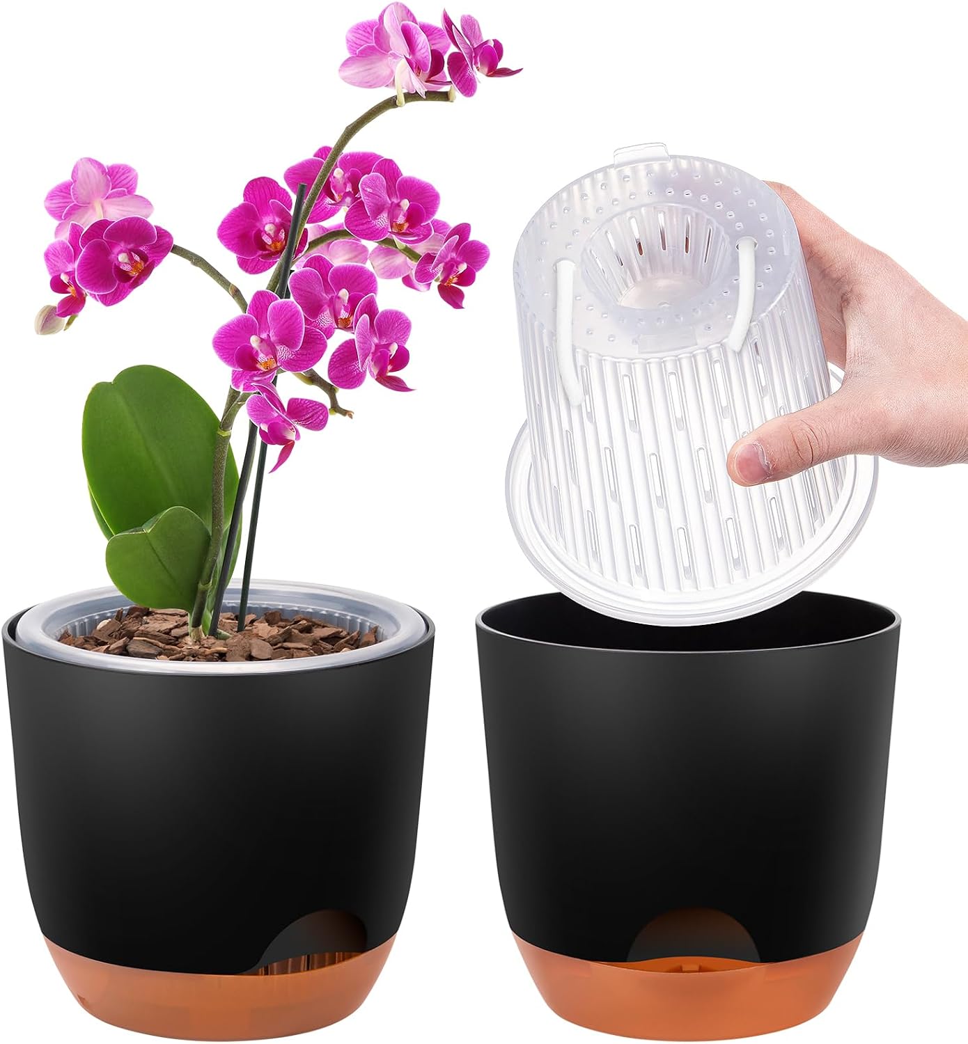 2er-Set Orchideentopf 147 cm Doppelschicht-Design – Transparenter Selbstbewässerungstopf mit Übertopf Orchideen-Bewässerungssystem Blumentopf für Orchideen(Schwarz)