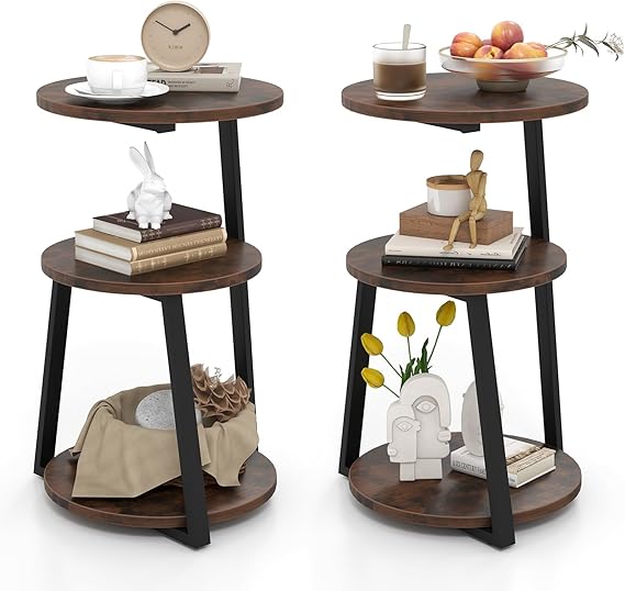 COSTWAY Small Round Side Table, 3-Tier Industrial Nightstand Sofa End Table with Storage Shelves, Metal Frame Wooden Slim Coffee Table Accent Bedside Tea Tables for Living Room and Bedroom (2)