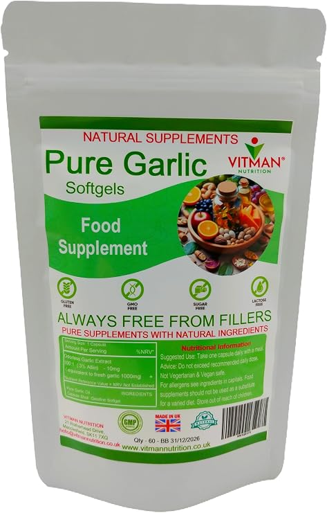 Pure Garlic Softgels, High Strength 1000mg, Odourless, 60 Capsules, Gluten Free