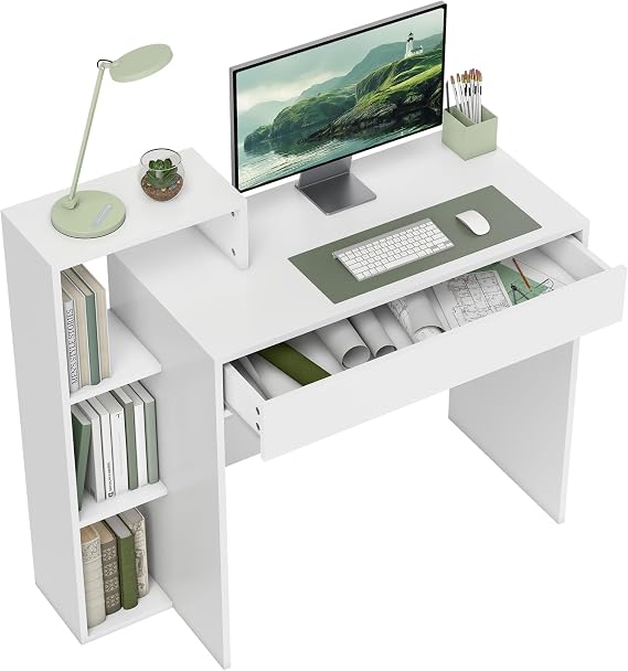 HOMCOM Desk with Storage, 3 Open Shelves, Drawer, 100 x 40 x 90 cm, White