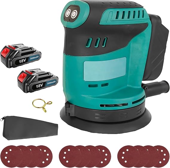 Orbital Sander Cordless Sanding Machine, with 2pcs 3000mah Batteroes, 350W Sander for Walls, Variable Speeds, Up to 15000 RPM, 125mm Sanding Pad, Dust Collection, Perfect for Wood and Steel Surfaces