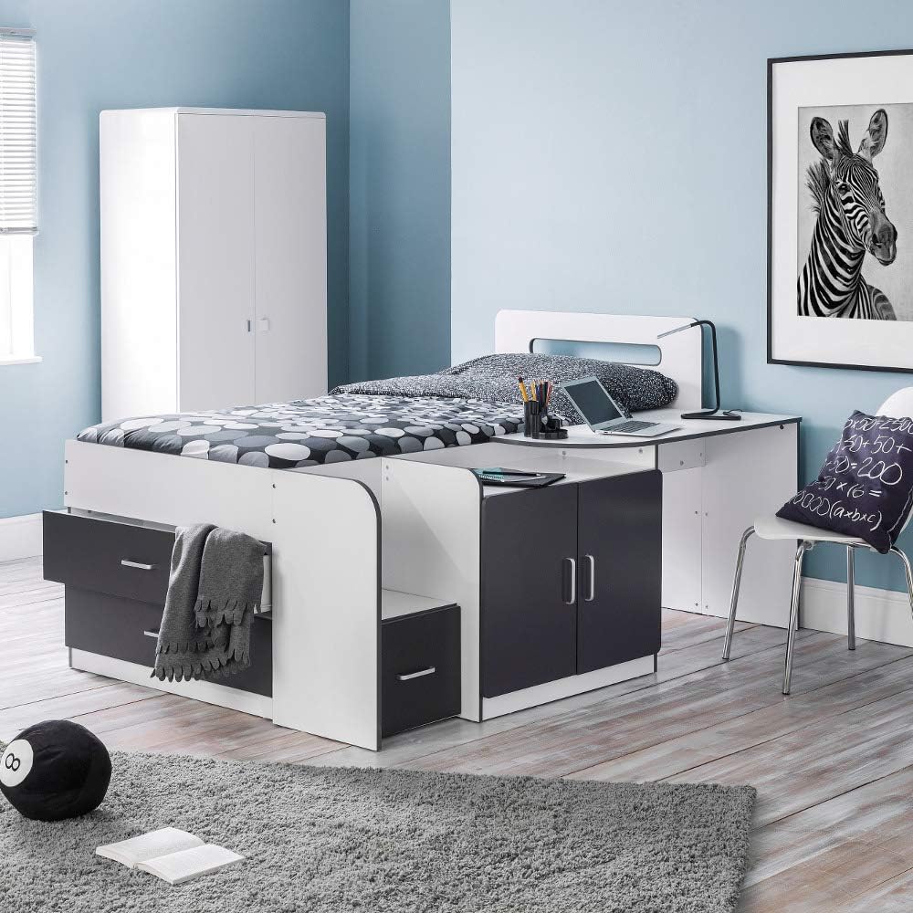 happybeds Mid Sleeper with Storage, Cookie White Charcoal Grey Multicolour Wood Modern Cabin Bed - 3ft Single 90 x 190 cm Frame Only