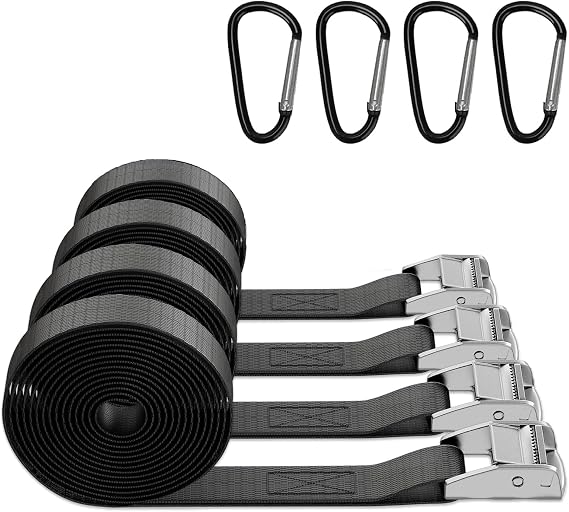 4 Pack Tie Down Straps, Heavy Duty Tensioning Belts, Adjustable Cargo Straps Ratchet Straps for Motorcycle, Cargo, Trucks, Trailer, Luggage, 250kg Loading Capacity,Quick Release (4M*2.5cm)