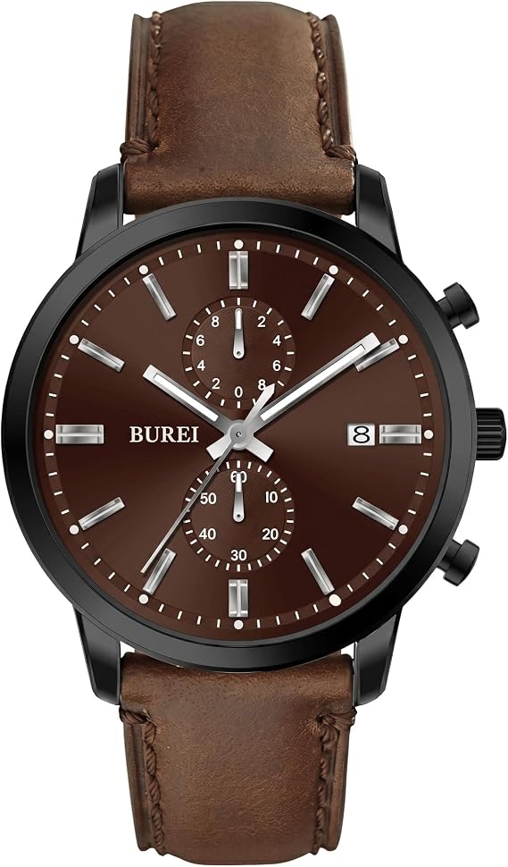 BUREI Men's Chronograph Watch 44 mm - Retro Watch Men's with Large Dial & Leather Strap Business Casual Sports Waterproof Gift for Men
