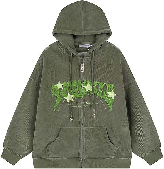 Sumleno Y2K ジップアップ パーカー レタープリント スター グラフィック グランジ フード付き コーデュロイ スウェットシャツ ジャケット オーバーサイズ レトロ Y2k 服
