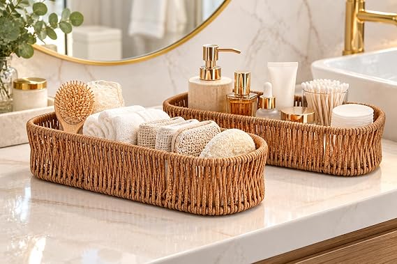 ARVALE Dekoratif Hasır Düzenleyici Sepet – Çok Amaçlı Mutfak, Banyo ve Masaüstü Organizer - 2 Adet