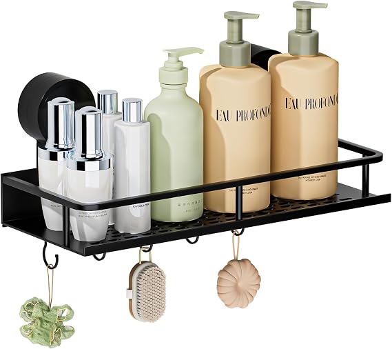 Shower Caddy with Suction Cups,Rustproof Aluminum Bathroom Shelf,Black