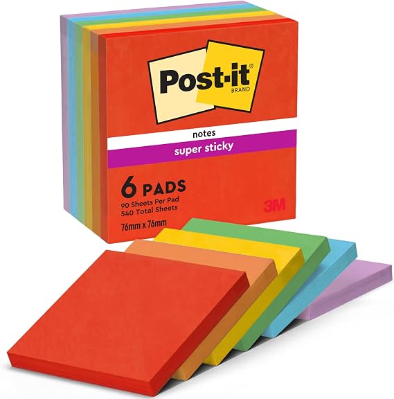 Post-it Super Sticky Notes, 6 Pads (540 Sheets), 76 mm x 76 mm