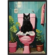 Zestia Siyah Çerçeveli Tablo, Eğlenceli Kedi İllüstrasyonu, Banyo Dekoru Poster No: 112494 30 x 40