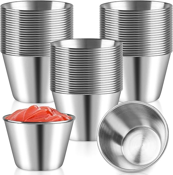60Pcs Stainless Steel Condiment Sauce Cups, Small Sauce Dipping Bowls, Metal Spices Pots Portion Cups for Barbecue Restaurant Home Party (2.2 oz/65 ml)