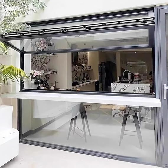 Foldable Aluminum Window, Outdoor Serving Window with Bottom Frame and Sun-Protection Film, Ideal for Coffee Shops