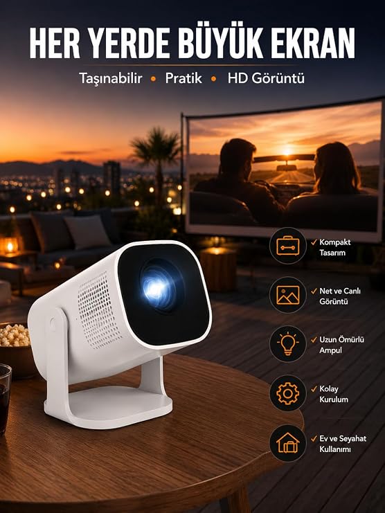 Akıllı Projeksiyon Powerbankli Taşınabilir Sinema Projektörü 4k HD Kaliteli Yeni Nesil