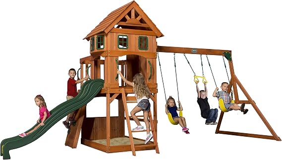 Backyard Discovery Atlantis Cedar Swing Set | Slide & Rock Wall