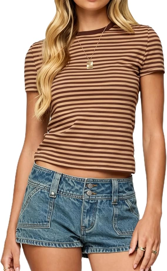 ストライプ ベビー Tシャツ レディース Y2k 半袖 スリム フィット クロップトップ ヴィンテージ クルーネック ベーシック Tシャツ 90年代 お出かけ シャツ