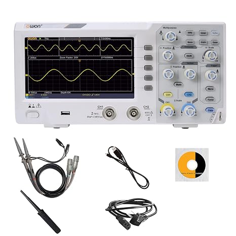 OWON Oscilloscope, SDS1102 Digital Oscilloscope, 2 Channels 100Mhz 1GSa/s, TFT-LCD Display, Portable Professional Oscilloscope Kit