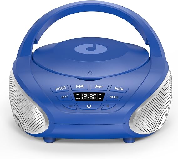 Gueray Portable CD Player Boombox Compact CD Radio with Stereo Speakers FM Radio AUX Input 1/8" Jack for Headphones and LCD Display for Indoor Outdoor Travel (Blue + Silver)