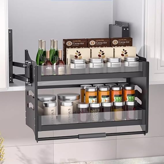EMYJAY Pull-Out Cabinet Organizer, 2-Tier Pull Down Kitchen Cabinet Organizer System Inner Space Saving High Cabinet Pull Down Shelf (Color : Noir, Size : 56x26x53cm)