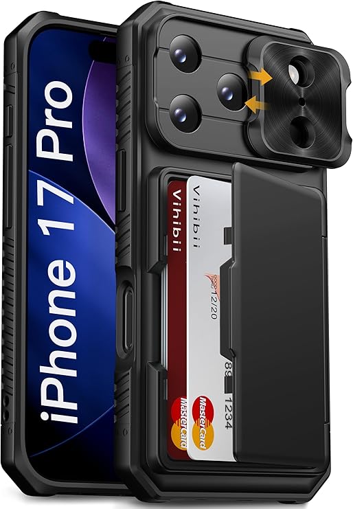 Vihibii for iPhone 17 Pro Case with Card Holder (4 Cards), Black