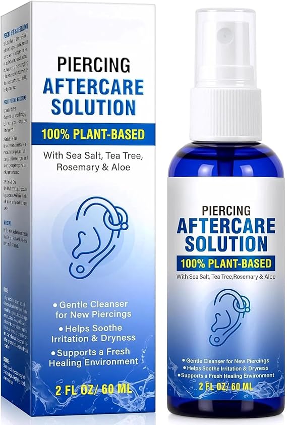 Piercing Aftercare Solution, Saline Solution for Ear, Nose & Body Piercings, with Natural Sea Salt, Aloe Vera & Rosemary, Gentle Non-Irritating Cleanser, 60ml