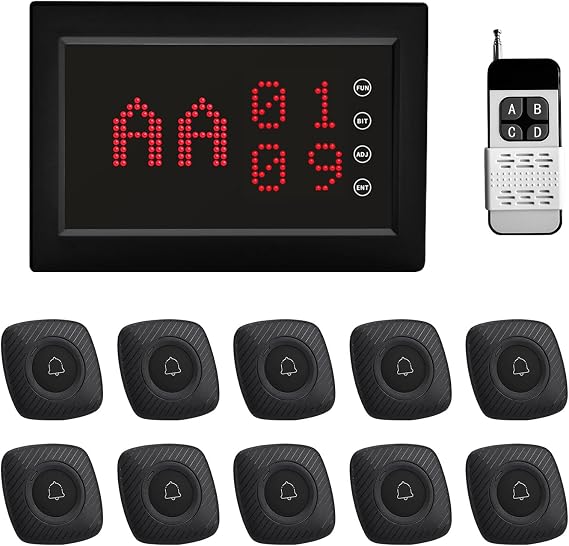 ワイヤレス通話システム 1500フィート 長距離介護者コールボタンシステム Ledディスプレイレシーバー1個と緊急ボタン10個 高齢者/病院/クリニック/バー/レストラン用 200db+ボタンm1bb-10
