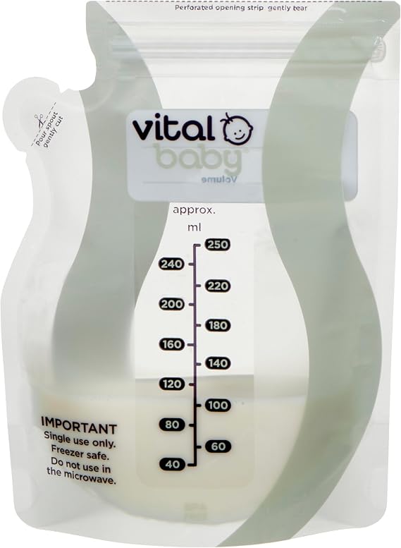 Vital Baby Nurture Easy Pour Breast Milk Storage Bag, Milk Pouch, 30 Pack, Non Spill, Leak Proof, 250ml, 9oz, Breastmilk, Pre-Sterilised, Ready to Use, Freezer Safe