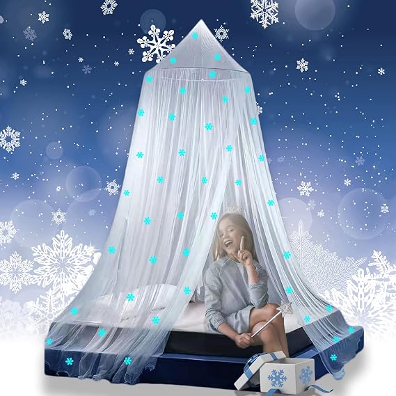 Princess Bed Canopy Glows in the Dark, Christmas Snowflakes Bed Canopy for Girls Room Decoration, White