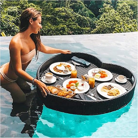 Luxury Floating Serving Tray Pool Tray Table, 85X82X20Cm Floating Tray for Pool, Heart-Shaped Serving Table Rattan Woven Floating Food and Drink Holder for Parties, Outdoor Bar (Co