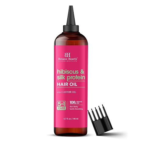 Botanic Hearth Hibiscus and Silk Protein Hair Oil (6.7 fl oz) Moisturising and Strengthening Hair Treatment for Smooth Shiny and Healthy Looking Hair Suitable for All Hair Types