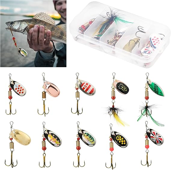 10Pcs Fishing Lures Set, Spinner Bait Set, Multi-Coloured Metal Fishing Lures with Rotating Spinners and Treble Hooks, Fish Lure Kit for Trout Pike