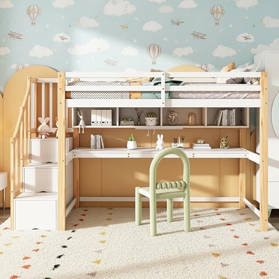 KUIKUI High Sleeper Bed with Large Desk, Childrens Bed with Shelves and Storage Stairs, Loft Bed with Slatted Frame, No Mattress Included, 90x190cm, White and natural