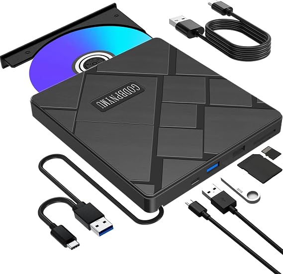 5-in-1 External CD DVD Drive for Laptop, USB 3.0 CD Burner Player | Plug-and-play external DVD drive for PC, compatible with MacBook, Mac, and Windows 11/10/8/7 laptops & desktops.