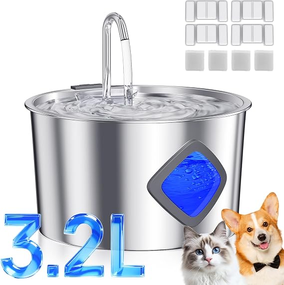 JIXZEN Cat Water Fountain Stainless Steel: 108oz/3.2L Automatic Pet Water Fountain for Cats Indoor- Quiet Cat Water Bowl Dispenser- Drinking Fountain for Small Animals & Kitties-4 Filters + 4 Sponges