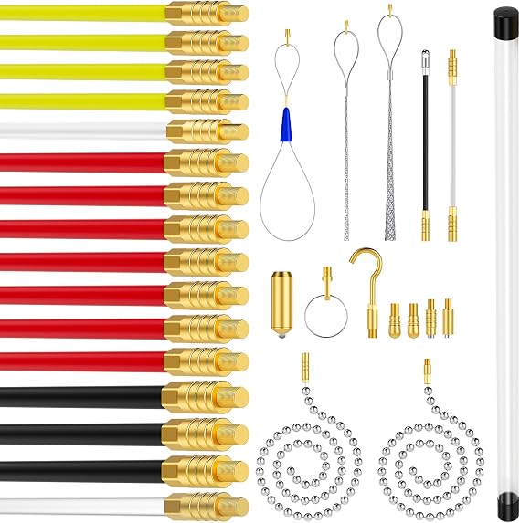 16M 52.5FT Cable Access Rod and 17pc Installation Attachments Accessories Kit Set, 16 x 1M Rods Flexible Cable Navigation Electricians Tools, Electric Wire Puller